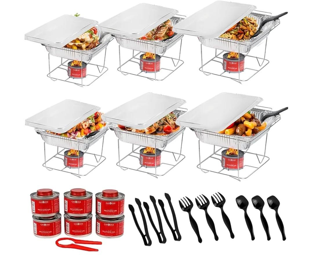 Alpha Living 6 Pack - Disposable Chafing Dish Buffet Set, Half Size Pans, Welded Body Food Warmers for Parties, Fuel Cans Complete Set, Warming Trays