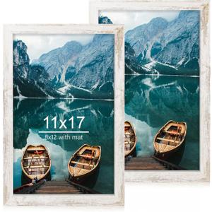 11x17 Frame Set of 2, Distressed White Wood Style - Display 11 x 17 Poster without Mat or 8x12 Picture with Mat, Wall Mounting Horizontal and Vertical Grey