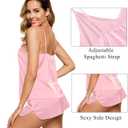 SWOMOG Women Satin Pajamas 4pcs Pajama Set Sexy Cami Shorts Set and Button Down Long Sleeve Pjs Loungewear Sleepwear (Pink, XXL)