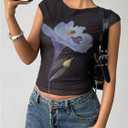 SOLY HUX Women's Y2k Floral Mesh Tops Short Sleeve Aesthetic T Shirts Music Festival Concert Outfit (Black, M)