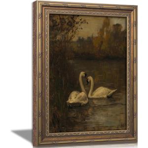 Vintage Gold Framed Swans Wall Art Antique Romantic Swan Lake Cottagecore Painting Canvas Prints Dark Moody Animal Picture Poster Modern Rustic Farmhouse Artwork for Living Room Bedroom Bathroom