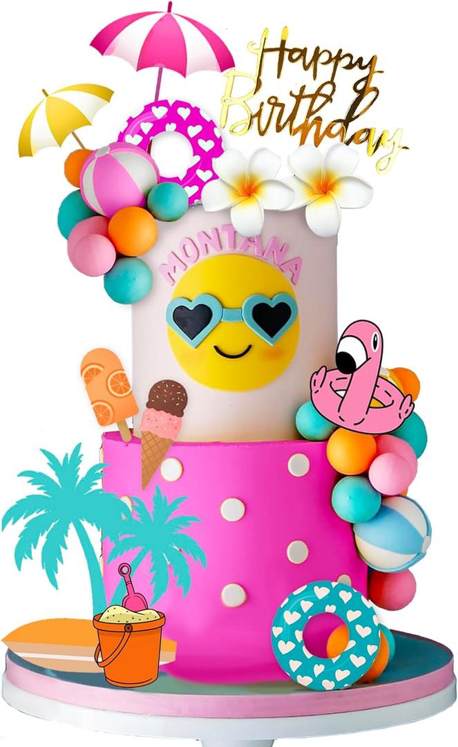 Summer Hawaiian Cake Topper with Swimming Rings Balls Sun Umbrella Beach Cake Decorations for Summer Hawaii Aloha Theme Birthday Supplies
