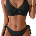 Eomenie Bikini Set for Women Two Piece Swimsuits Knot Tie V Neck Cross Back Top Mid Rise Lace up Bathing Suit Swimwear (Large, Black)