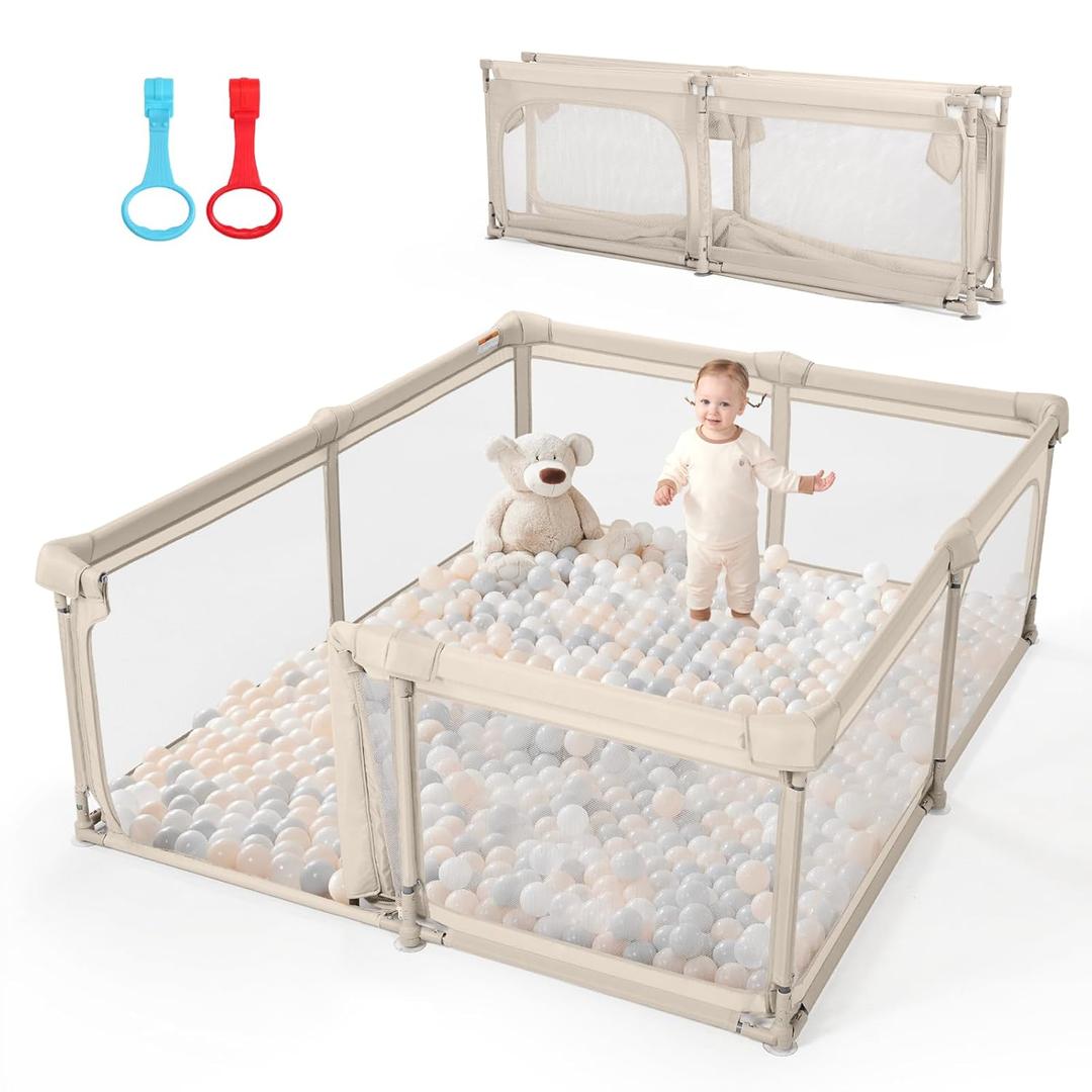 Baby Playpen,79"x71" Foldable Playpen for Babies and Toddlers with Gate,Large Play Pen with Zipper Door, Baby Play Pen Play Area(Khaki)