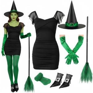 Suhine Halloween Witch Costumes 6 Pieces Witch Movie Outfit Accessories Green for Women Adult Cosplay Set (Large)