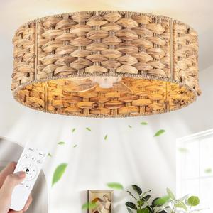 19” Boho Handwoven Rattan Ceiling Fan with Light Flush Mount Low Profile, D19 Inch