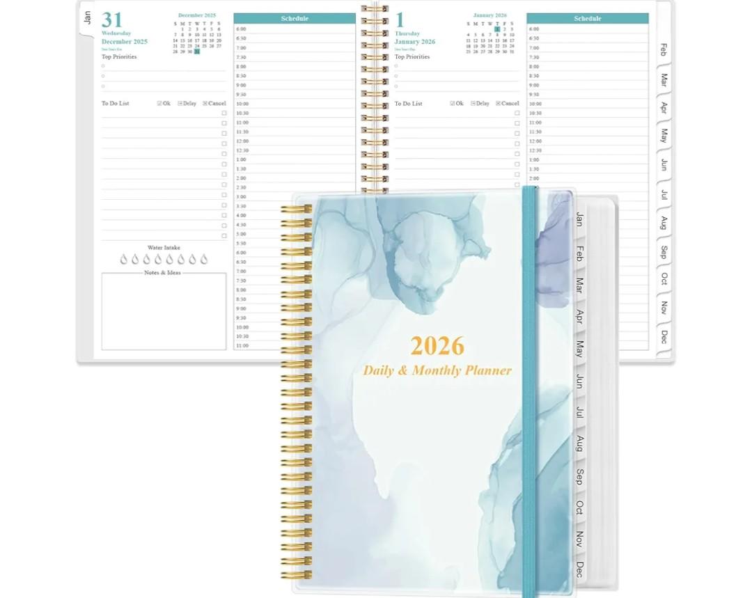 2026 Daily & Monthly Planner - One Page Per Day, Daily Planner from January 2026 - December 2026, Planner 2026 with 12 Monthly Tabs, 8.5" x 11", Blue Watercolor