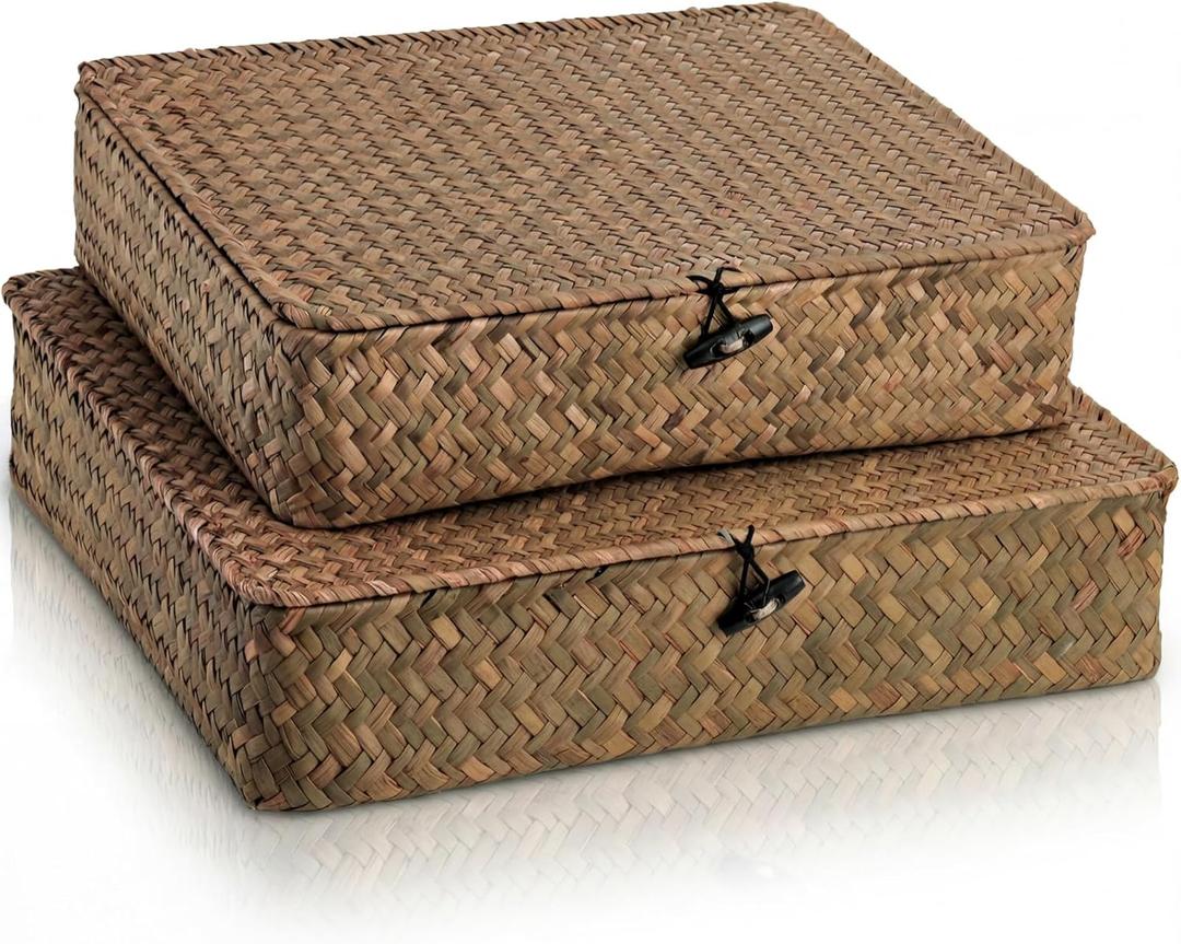 Elsjoy 2 Pack Flat Seagrass Storage Bins with Lid, Wicker Woven Storage Basket Set, Rattan Organizer Bins for Shelf, Closet, Bedroom