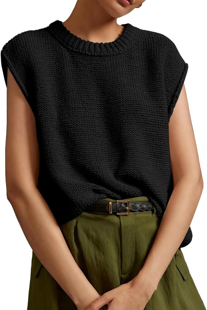 Saodimallsu Womens Sleeveless Crewneck Sweaters Ribbed Knit Tank Tops 2025 Trendy Sweater Vest (X-Large, Black)