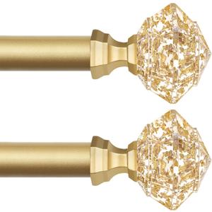 TONIAL 2 Pack Curtain Rods 32 to 58 Inch, Telescoping Splicing 3/4 Single Rods for Windows 20 to 53 Inch, Decorative Drapery Rod with Translucent Diamond Finial, Luxury Gold