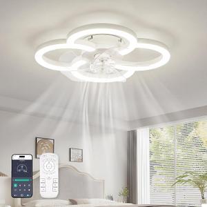 Low Profile Ceiling Fans with Lights and Remote, Fandelier Ceiling Fan Flush Mount, 3000K-6500K Smart 5 Blades LED Fan Light, Small Ceiling Fans with Lights for Bedroom, Kitchen (18 inch, Matte White)