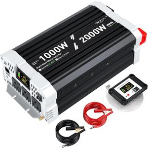 1000 watt Pure sine Wave Inverter, 12V DC to 110V AC Power Inverter, with 3 AC Output sockets, USB Port, Type-C Port, Remote Control with LCD Screen, Used for Solar Emergency Power Supply in RV Homes
