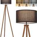 ELYONA Wood Tripod Floor Lamp, Modern Standing Lamp with Black Drum Linen Shade & 3 Color Temperatures LED Bulb, Industrial Tall Reading Lamp for Office Living Room Bedroom, ETL Listed Walnut & Black