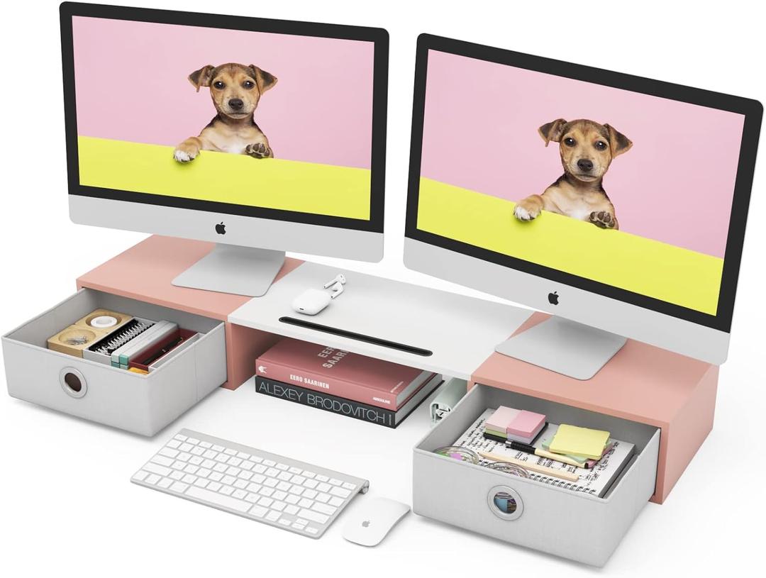 WESTREE Dual Monitor Stand Riser, Wood and Steel Monitor Stand Riser, Computer Monitor Stand for 2 Monitors, MultiPurpose Desktop Storage Stand for Computer,Laptop,Printer,TV, 36.22 x 8.66 x 4.92 inches