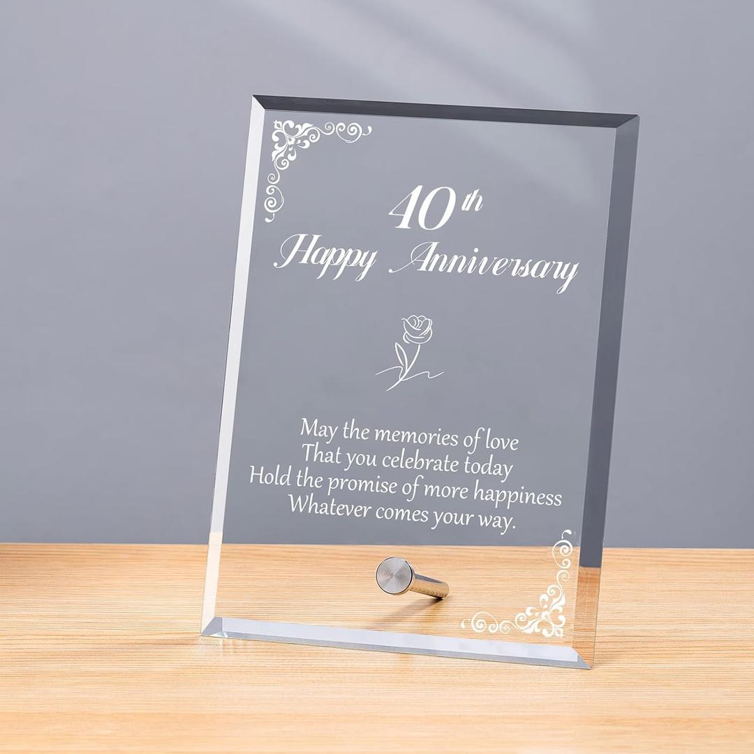 40th Anniversary Wedding Gifts for Men Women, Laser Engraved Crystal Plaque for Couples Husband Wife Him Her, 40 Year Happy Marriage Keepsake Decor for Parents Grandma Grandpa Friends