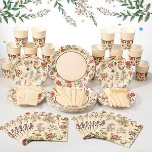 Roshtia Floral Party Supplies for 25 Guests - Disposable Flower Paper Plates & Napkins, Tableware for Girls & Women Birthday Tea Party Decorations, Floral Disposable Dinnerware