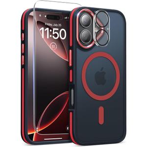 Magnetic 3 in 1 for iPhone 17 Case, [Omni-Directional Protection] with 1x Screen Protector + 1x Camera Cover, [Seamless Work with Magsafe] Translucent Protective Silm Phone Case for iPhone 17 Red