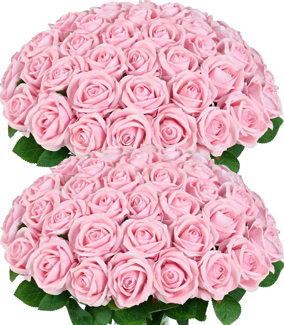 50 Pcs Pink Roses Artificial Flowers, Real Touch Velvet Roses Bouquet Fake Flowers Bulk, Artificial Roses with Long Stems for Birthday Gift Women Mom DIY Bridal Wedding Centerpiece Decorations