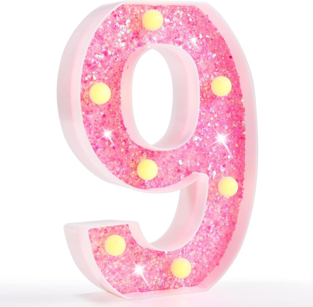 Pooqla Marquee Numbers Lights, Light Up Pink Numbers, Glitter Number Night Light Battery Powered Birthday Gift for Boys Girls Christmas Wedding Home Bar Party Decoration, Pink 9