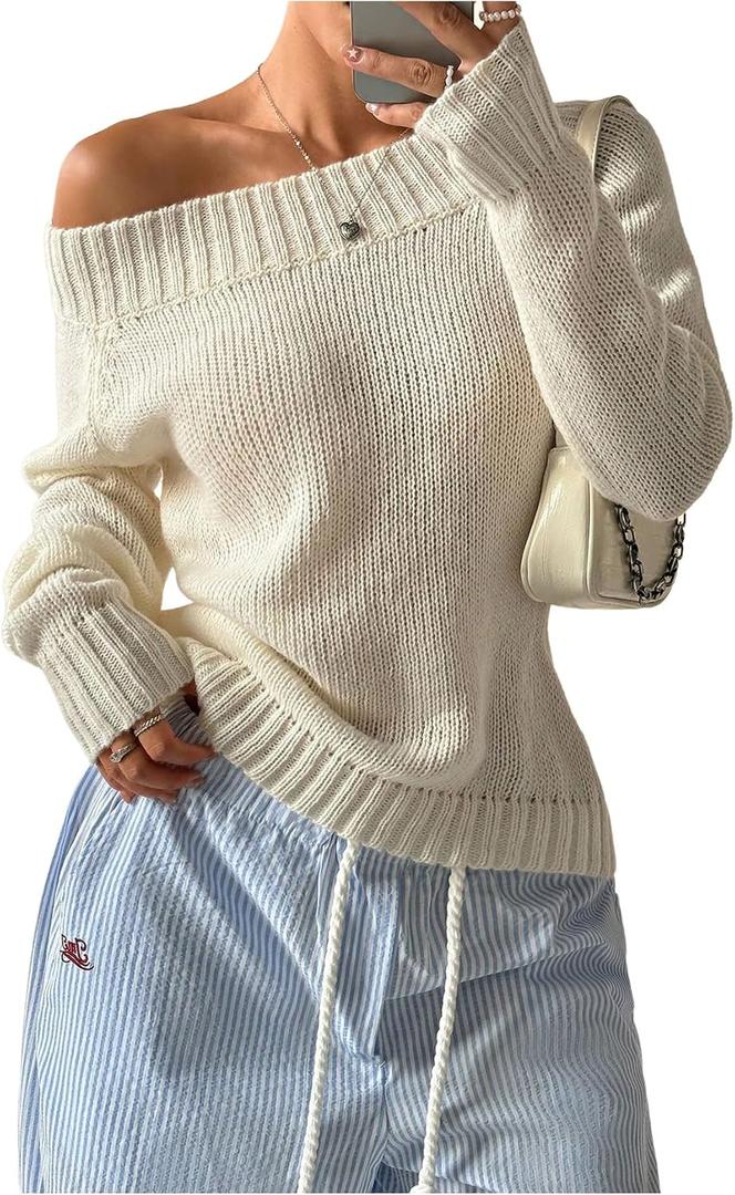 SOLY HUX Women's Off The Shoulder Long Sleeve Sweater Trendy Pullover Tops (White, S)