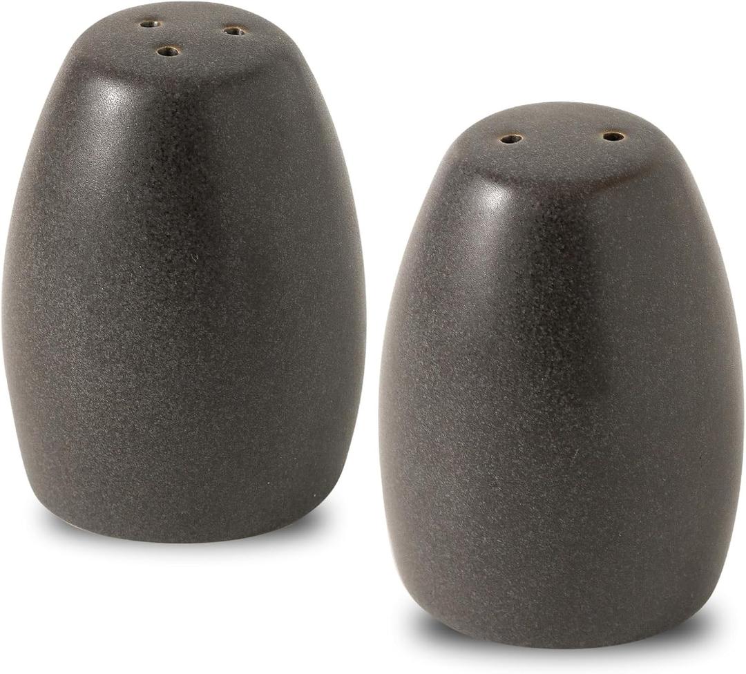 Salt and Pepper Shakers Set, Stoneware Salt Shakers for Kitchen, Restaurant Decor, Farmhouse Spice Shaker for Compact Cooking, Travel, BBQ, Cute Christmas Gift, Matte Black