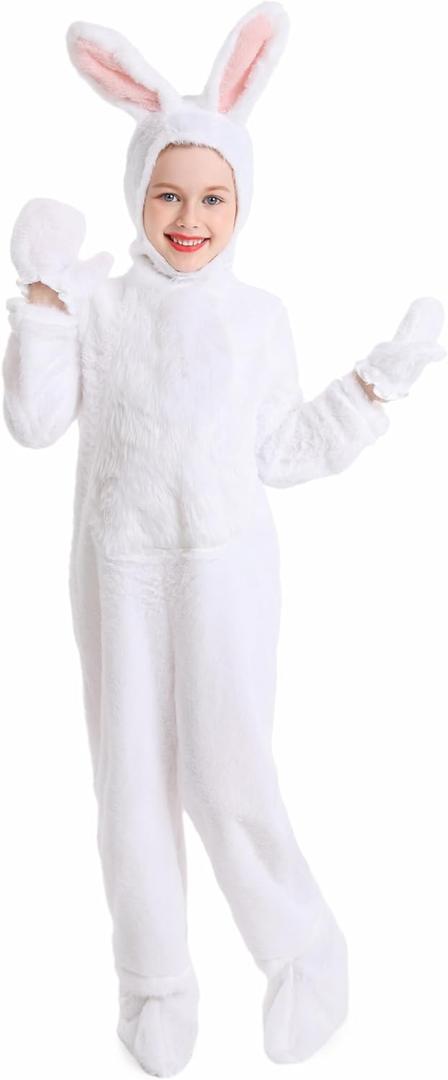 Kids Easter Bunny Costume Rabbit Animal Plush Set Onesie for Child Christmas Halloween Cosplay Onepiece. (8-9Years, White)