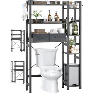 Over The Toilet Storage with 2 Drawers - 7 Tier Bathroom Organizer with Adjustable Shelf, Freestanding Space Saver Storage Rack Above Toilet Stand with 4 Hooks for Restroom, Laundry, Grey Oak (31.1"W)