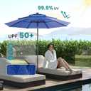 DUMOS Patio Umbrella 10FT 3 Tier with 32 LED Lights, Waterproof Market Table Umbrella with Crank and 8 Ribs Outdoor for Pool, Beach, Terrace and Outdoor Restaurant, Navy Blue