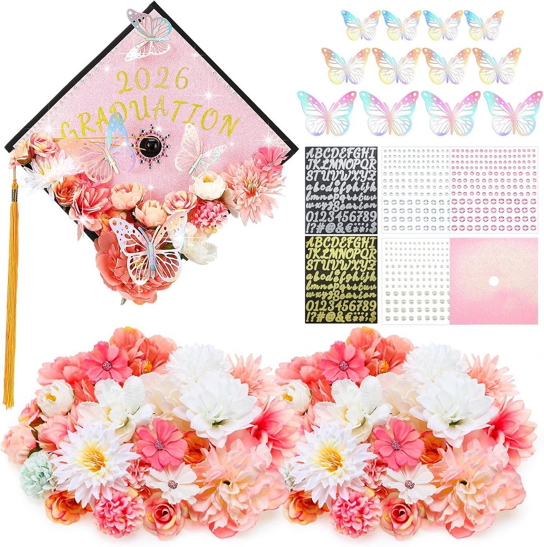 Wavwavw 44 Pcs DIY Pink Graduation Cap Decorations Accessory Kit 3D Artificial Flowers Butterfly Decals Rhinestone Pearl Stickers Letter Stickers Glitter Paper for Grad Hats Decor