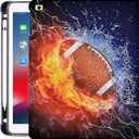 Rotating Case for iPad 9th/8th/7th Generation 10.2 Inch 2021/2020/2019, 360 Degree Swiveling PU Leather Folio Stand Cover with Pencil Holder - Auto Wake/Sleep American Football Fire Water