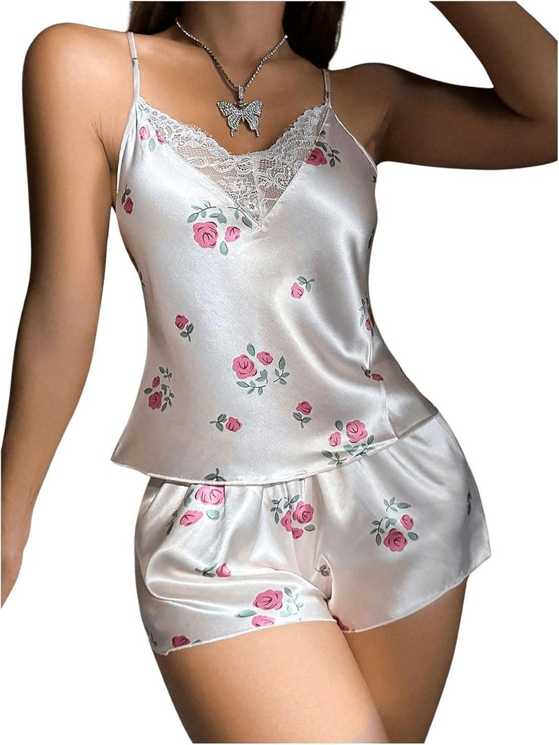 SOLY HUX Women's Satin Pajama Set Floral Loungewear Lace Camisole Top and Shorts Pjs Sleepwear (White, L)