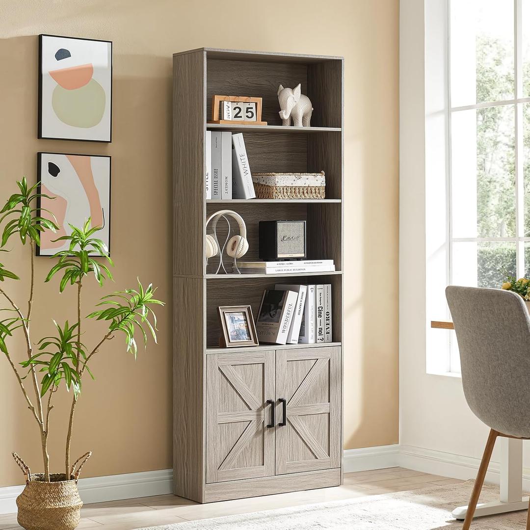 70in Tall Bookshelf 6 Tier Bookcase with Barn Doors and Adjustable Shelf, Oak Grey Farmhouse Book Shelves with Storage Cabinet, Wood Floor Standing Display Bookshelve for Bedroom, Living Room