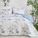 WONGS BEDDING Blue Floral Quilt Set King Size, 3 Pieces Botanical Plants Pattern Bedspread Coverlet Set with 2 Pillowcases, Soft Lightweight Microfiber Bedding Set for All Season(104"90")