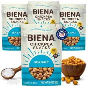 BIENA Chickpea Snacks - Crunchy Roasted Chickpeas - High Fiber Vegan Protein Snacks for Adults and Kids - 4-Pack, 5 Ounce Bags - Sea Salt, BBD:05/28/2027