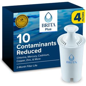 Brita Plus Water Filter, BPA-Free, High-Density Replacement Filter for Pitchers and Dispensers, Reduces 2x Contaminants*, Lasts Two Months or 40 Gallons, Includes 4 Filters