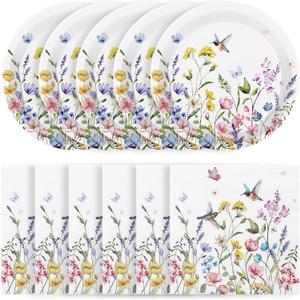 NatNarr 50 Pcs Wildflower Paper Plates and Napkins, Disposable Floral Plates and Napkins Tableware Set Wildflower Garden Party Supplies for Mothers Day Spring Tea Party Baby Shower Birthday