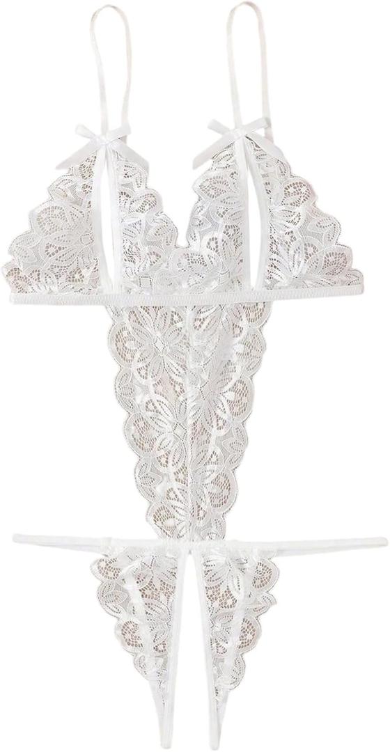 Verdusa Women's Lace Sheer Cut Out Crotchless Teddy Lingerie Backless One Piece Bodysuit