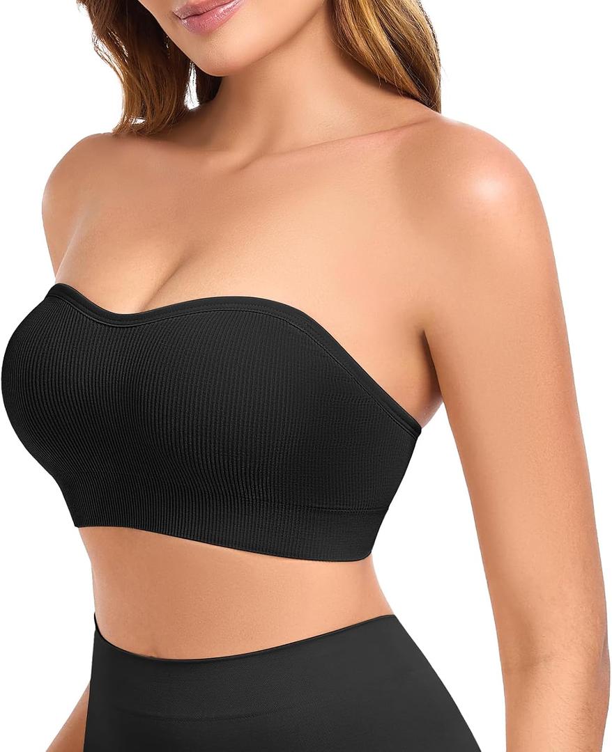 Strapless Bras for Women Non-Slip Padded Bandeau Bra Wireless Tube Top Bra Including Clear Straps (Black, L)