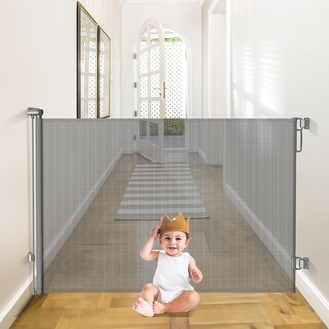 Babepai Retractable Baby Gates Extra Wide | 55" Wide x 38" Tall Dog Gates for Stairs | Indoor/Outdoor Use | Child Gates for Doorways, Deck, Porch, Hallways, Patio - Gray (A-grey)