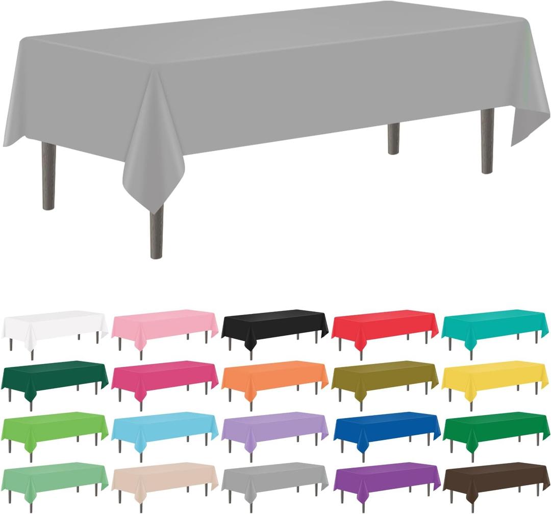 YSYJ 12 Pack Silver 54 x 108 Inch Disposable Plastic Tablecloths Rectangular Table Cloth Plastic Table Cover for Parties