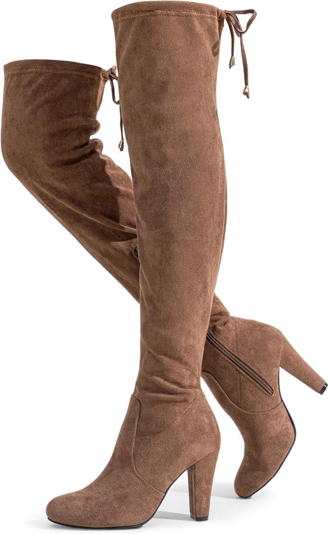 Vepose Women's Aria Thigh High Over The Knee Boots, Cute Suede Long Boots with High Heel and Inner Zipper (7.5, Mocha Toffee Suede)