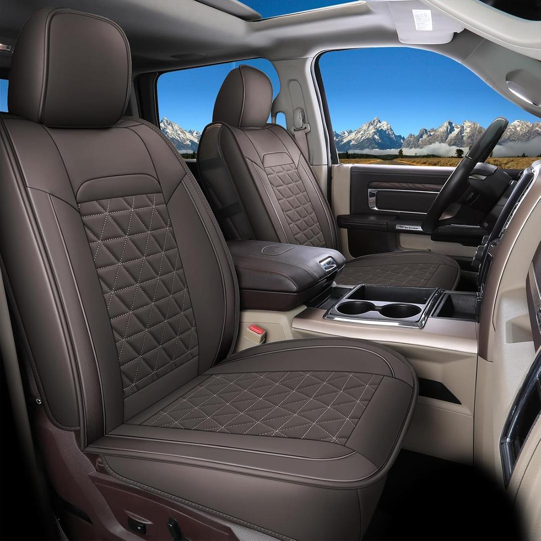 Coverado Leather Car Seat Covers, Waterproof Dooge Ram 1500 Seat Covers Compatible with 2002-2025 Dodge Ram 1500 2500 3500 with Flat Bench (Full Set, Coffee)