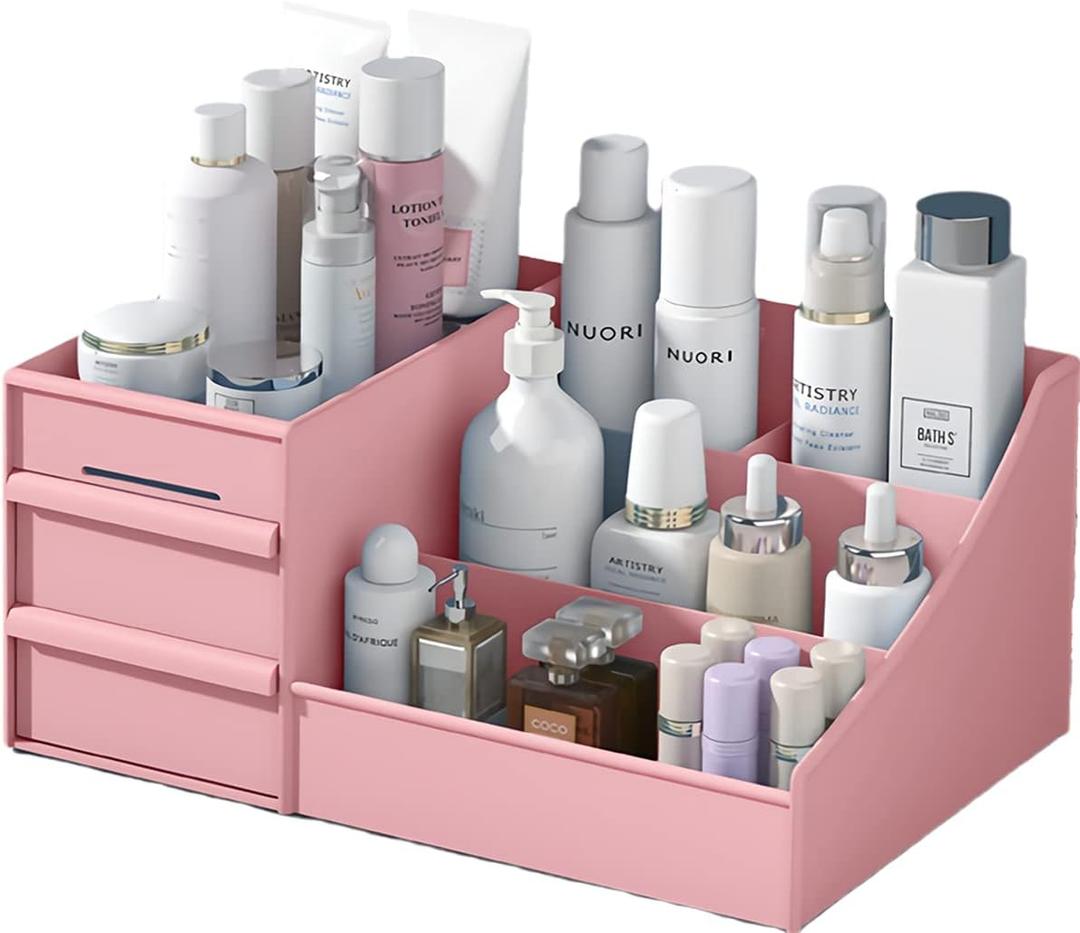 Makeup Desk Organizer with Drawers - Countertop Organizer for Cosmetics, Vanity Holder for Lipstick, Brushes, Lotions, Eyeshadow, Nail Polish and Jewelry (Pink) Makeup Desk Organizer with Drawers - Countertop Organizer for Cosmetics, Vanity Holder for Lipstick, Brushes, Lotions, Eyeshadow, Nail Polish and Jewelry (Pink)