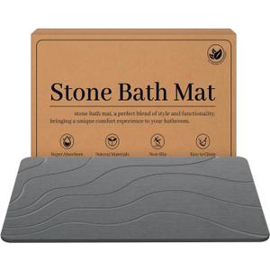 Stone Bath Mat Diatomaceous Earth Non-Slip Shower Mat Super Absorbent Grey, 24" x 16"