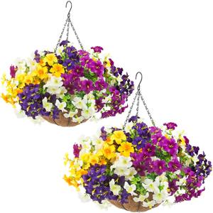 2 Set Artificial Outdoor Flowers with Hanging Baskets,24 Pcs UV Resistant Faux Petunias Flowers with Hanging Planter for Front Door Porch Spring Outside Decor (2, White, Yellow, Purple, Red, Violet)