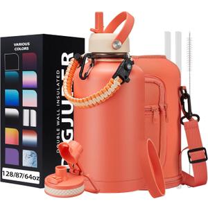 64oz Insulated Water-Bottle with Strap - Half Gallon Water Jug with Straw & Spout Lid, 2 Liter Stainless Steel Water Bottle Leak Proof, Cold-48h Hot-24h Metal Flask w/Paracord Handle, Carrier Case (Coral Orange)