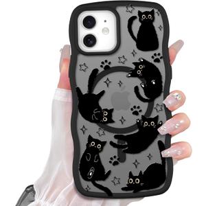 Cute Case for iPhone 12 Case [Compatible with MagSafe] with Kawaii Black Cats Cat Print Pattern Design for Women Girls, Soft Wavy Edge Anti-Slip Animal Magnetic Protective Phone Cover