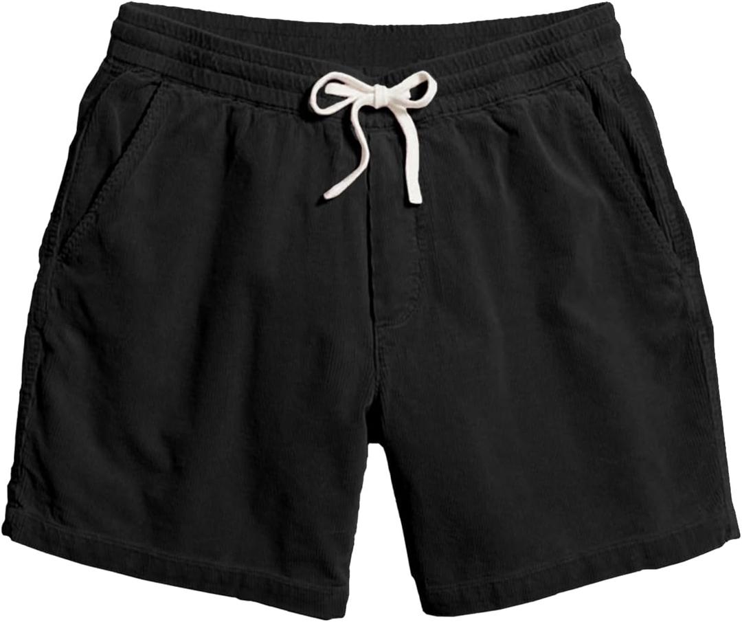 Men's Corduroy Shorts 5 Inch Inseam Drawstring Elastic Waist Lightweight Casual Summer Beach Shorts with Pocket (Large, Black)