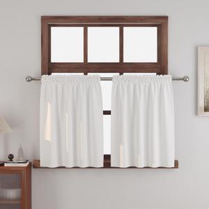 White Small Tiers 2 Pack Faux Linen Textured Kitchen Short Small Mini Window Curtains Valance 24 inches Length Privacy Home Decor Classic Cafe Basement Living Room/Bedroom 34W by 24L Rod Pocket