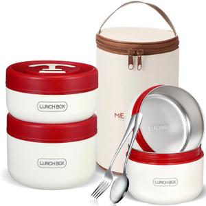 Dandat 3 Pcs Portable Insulated Lunch Container Set for Adult, Stackable Stainless Steel Bento Box for Hot Food with Insulated Lunch Bag Unisex 3 Separate Thermal Food Container(Red)